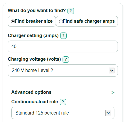 Example inputs for EV Charger Breaker Size Calculator