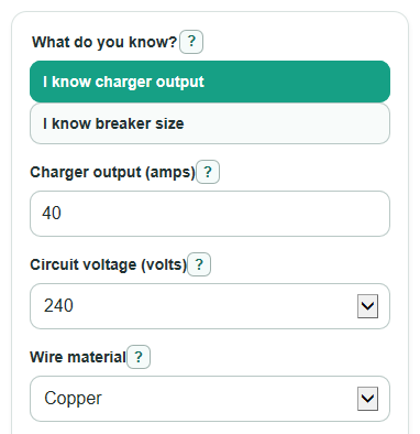 Example inputs for EV Charger Circuit Size Calculator
