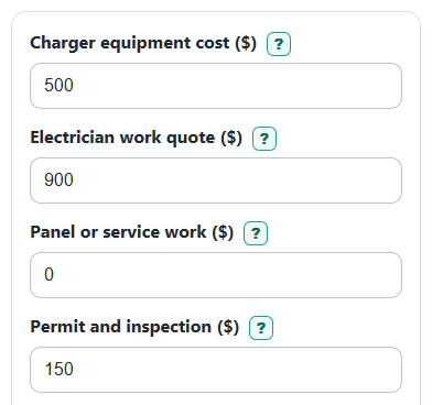 Example inputs for EV Charger Installation Cost Calculator