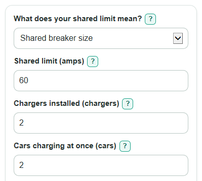 Example inputs for EV Charger Load Sharing Calculator