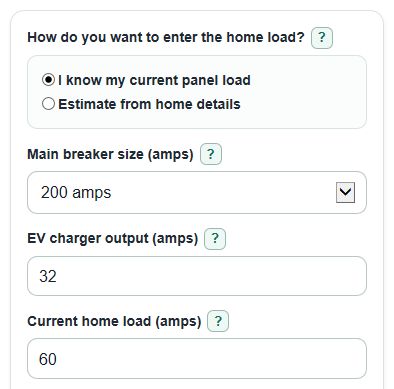 Example inputs for EV Charger Panel Load Calculator