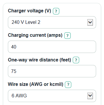 Example inputs for EV Charger Voltage Drop Calculator