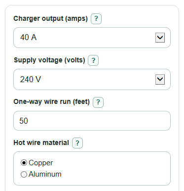 Example inputs for EV Charger Wire Size Calculator