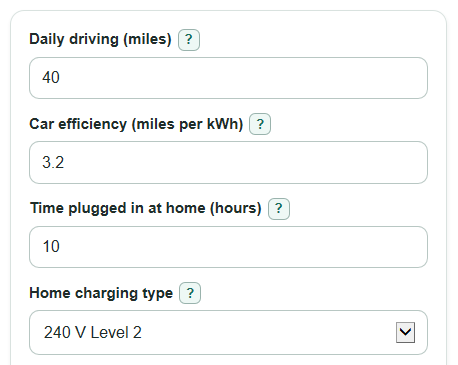 Example inputs for EV Home Charger Size Calculator