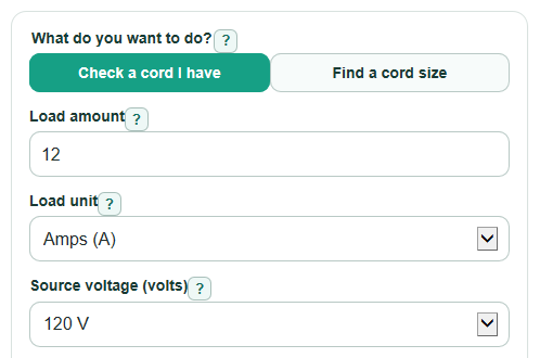 Example inputs for Extension Cord Ampacity Calculator