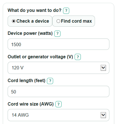Example inputs for Extension Cord Wattage Calculator