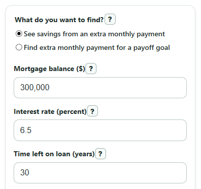 Example inputs for Extra Mortgage Payment Calculator