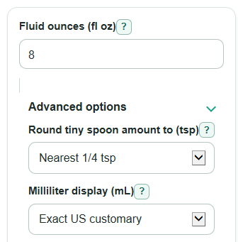 Example inputs for Fluid Ounces to Cups and Tablespoons Converter