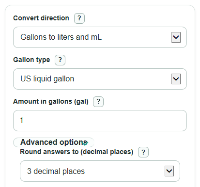 Example inputs for Gallons to Liters and mL Converter