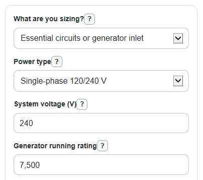 Example inputs for Generator Transfer Switch Size Calculator