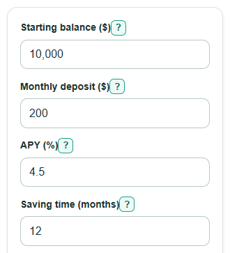 Example inputs for High Yield Savings Calculator