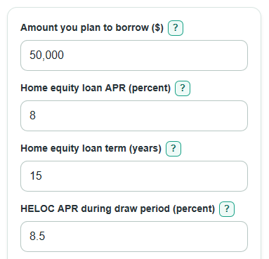 Example inputs for Home Equity Loan vs HELOC Calculator
