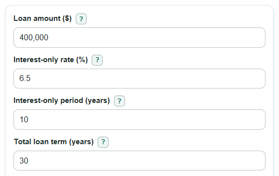 Example inputs for Interest Only Mortgage Calculator