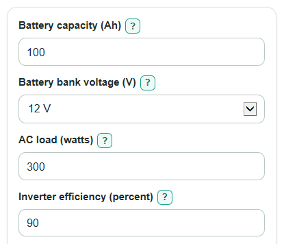 Example inputs for Inverter Battery Runtime Calculator