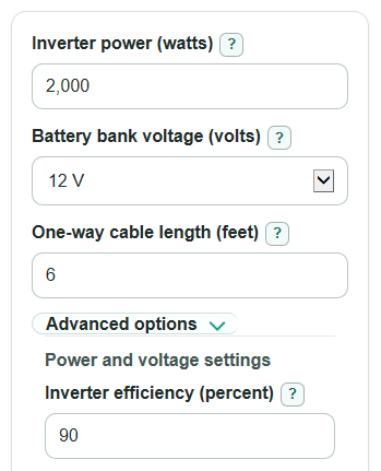 Example inputs for Inverter Cable Size Calculator