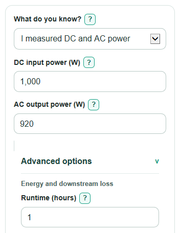 Example inputs for Inverter Efficiency Calculator