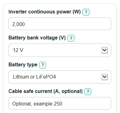 Example inputs for Inverter Fuse Size Calculator