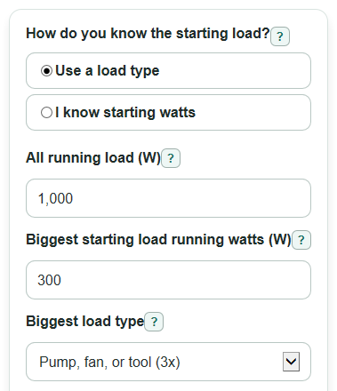 Example inputs for Inverter Surge Wattage Calculator