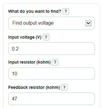 Example inputs for Inverting Op Amp Calculator
