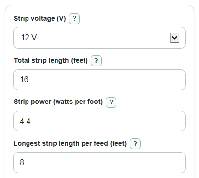 Example inputs for LED Strip Power Injection Calculator