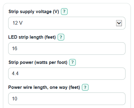 Example inputs for LED Strip Wire Size Calculator