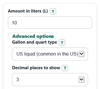 Example inputs for Liters to Gallons and Quarts Converter