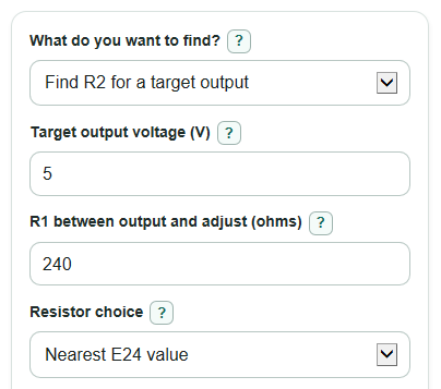 Example inputs for LM317 Voltage Regulator Calculator