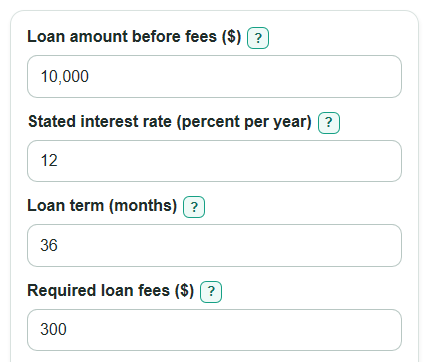 Example inputs for Loan APR Calculator