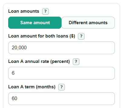 Example inputs for Loan Comparison Calculator