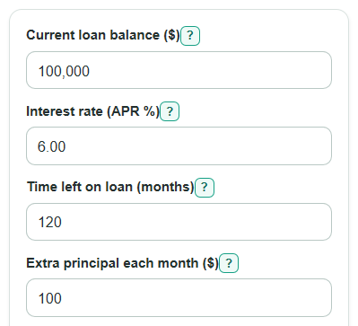 Example inputs for Loan Extra Payment Calculator