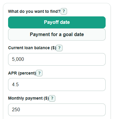 Example inputs for Loan Payoff Date Calculator