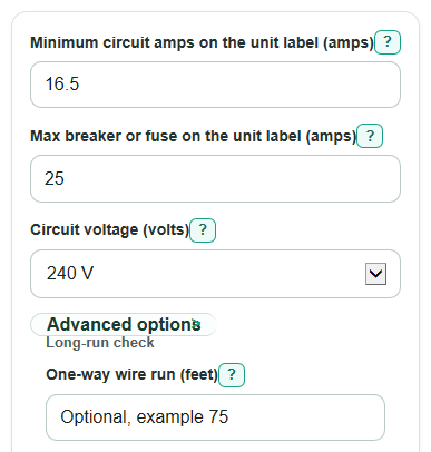 Example inputs for Mini Split Breaker Size Calculator