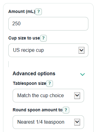 Example inputs for mL to Cups and Tablespoons Converter