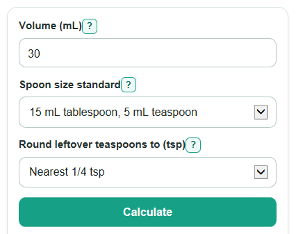 Example inputs for mL to Tablespoons and Teaspoons Converter