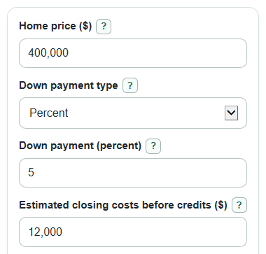Example inputs for Mortgage Cash to Close Calculator
