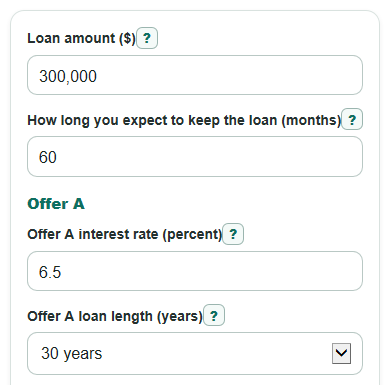 Example inputs for Mortgage Comparison Calculator