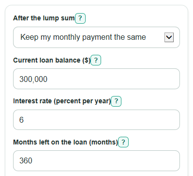 Example inputs for Mortgage Lump Sum Payment Calculator
