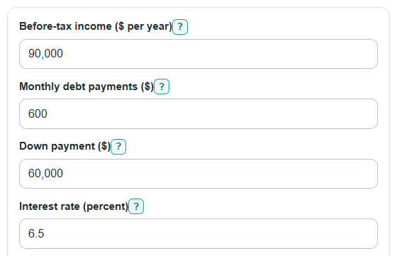 Example inputs for Mortgage Prequalification Calculator
