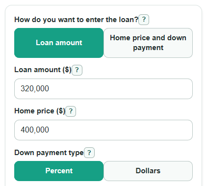 Example inputs for Mortgage Principal and Interest Calculator