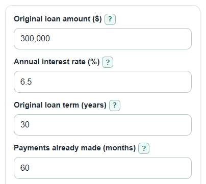 Example inputs for Mortgage Remaining Balance Calculator