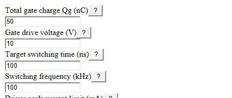 Example inputs for MOSFET Gate Resistor Calculator