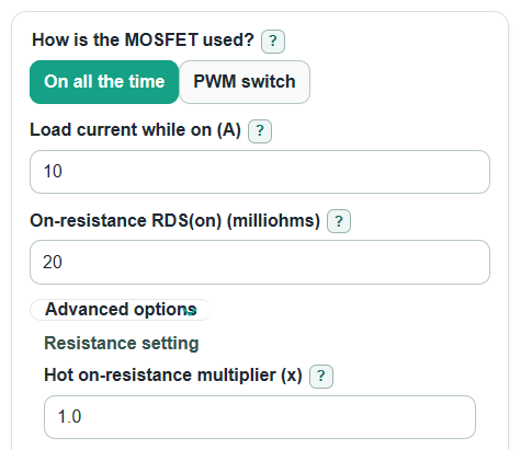 Example inputs for MOSFET Power Dissipation Calculator