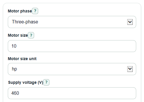 Example inputs for Motor Full Load Amps Calculator
