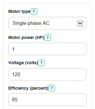 Example inputs for Motor Horsepower to Amps Calculator