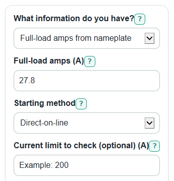 Example inputs for Motor Starting Current Calculator