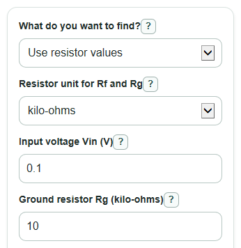 Example inputs for Non Inverting Op Amp Calculator
