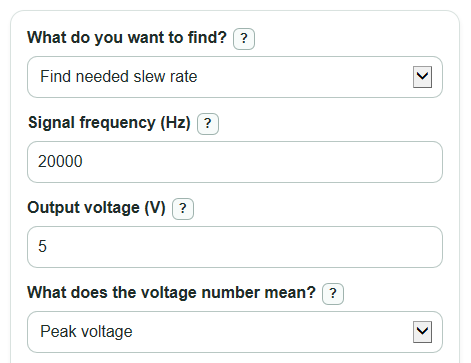 Example inputs for Op Amp Slew Rate Calculator