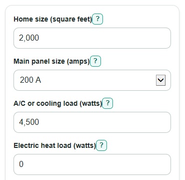 Example inputs for Panel Load Calculator