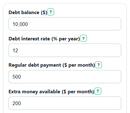 Example inputs for Pay Off Debt or Invest Calculator