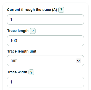 Example inputs for PCB Trace Voltage Drop Calculator